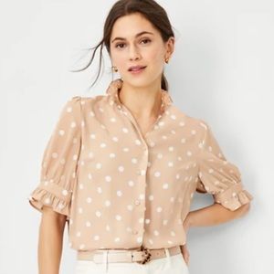 Anne Taylor Polka Dot Ruffle Button Top in Whiskey Cream